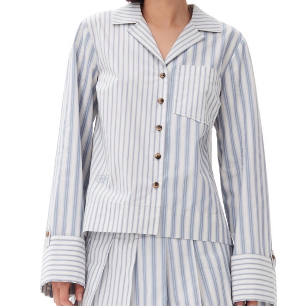 GANNI Long Sleeve Button-Up Stripe Poplin Top, NEW